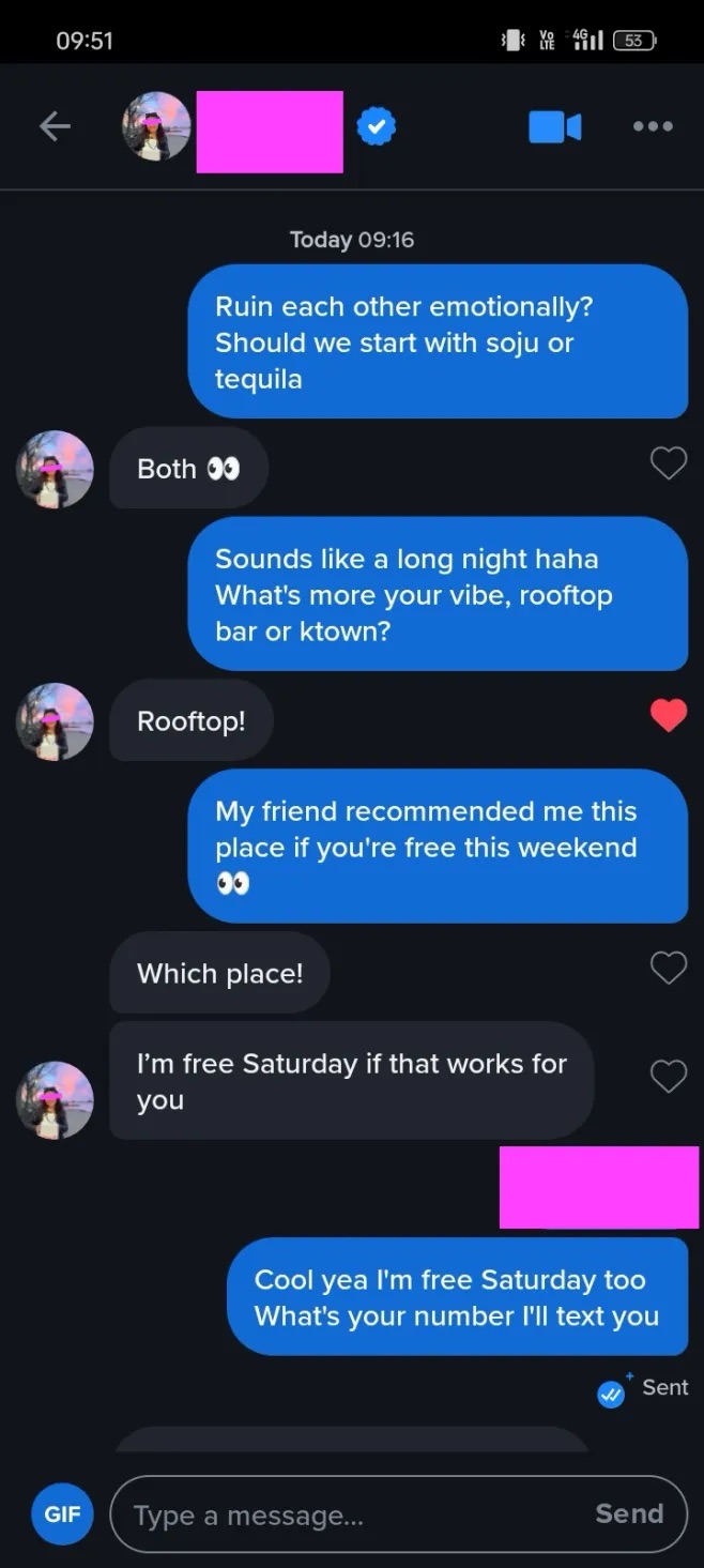 Dating app conversation screenshot