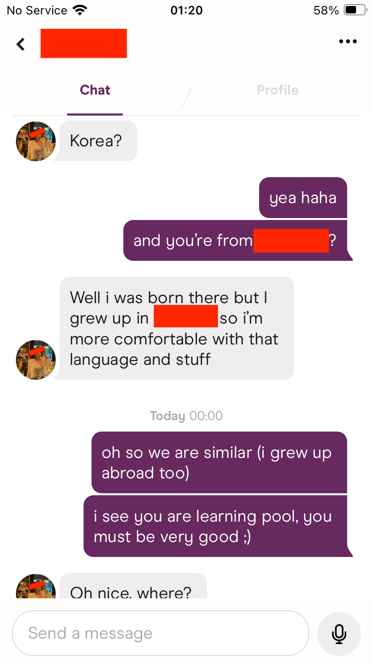 Dating app conversation screenshot