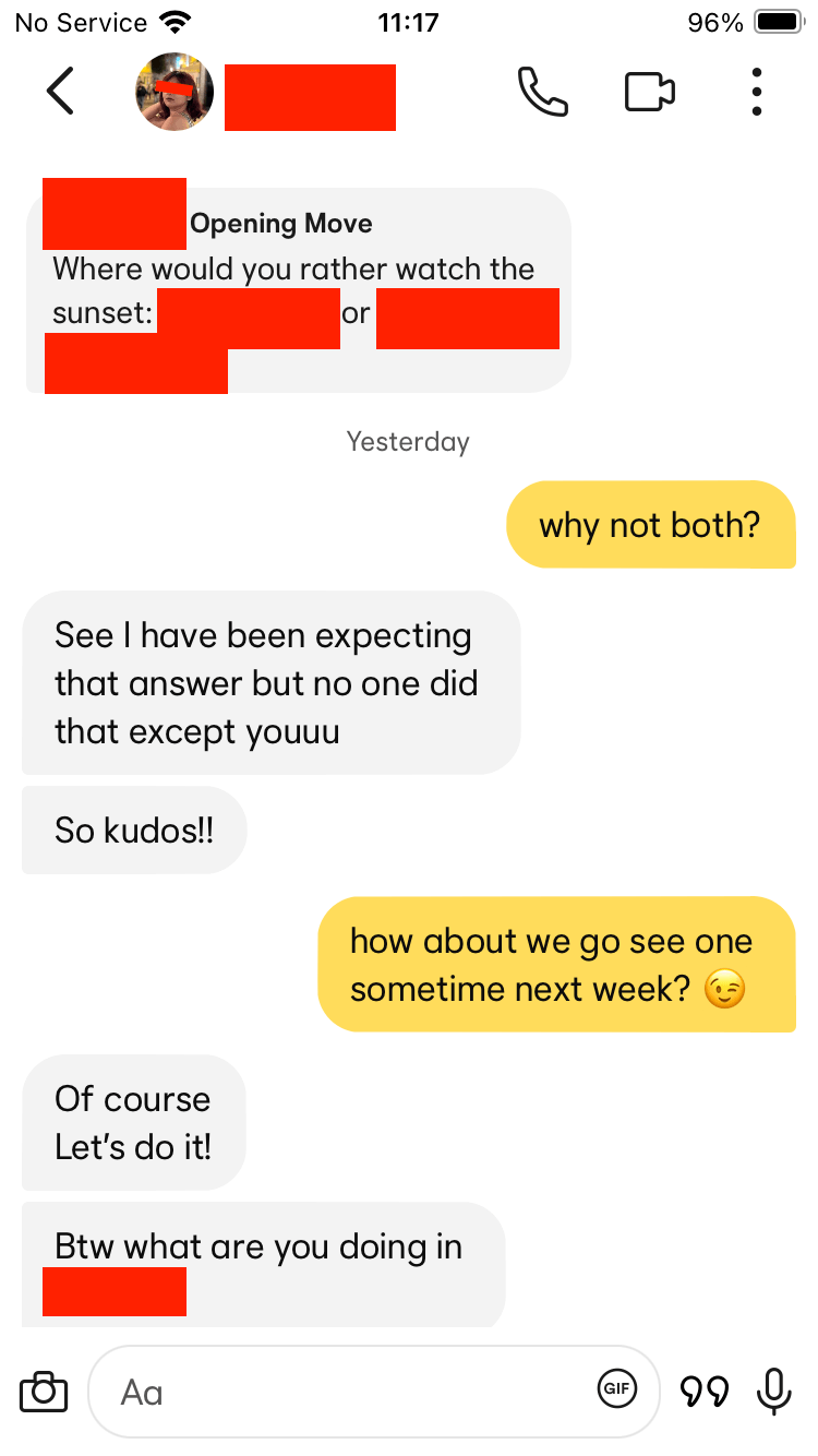 Dating app conversation screenshot