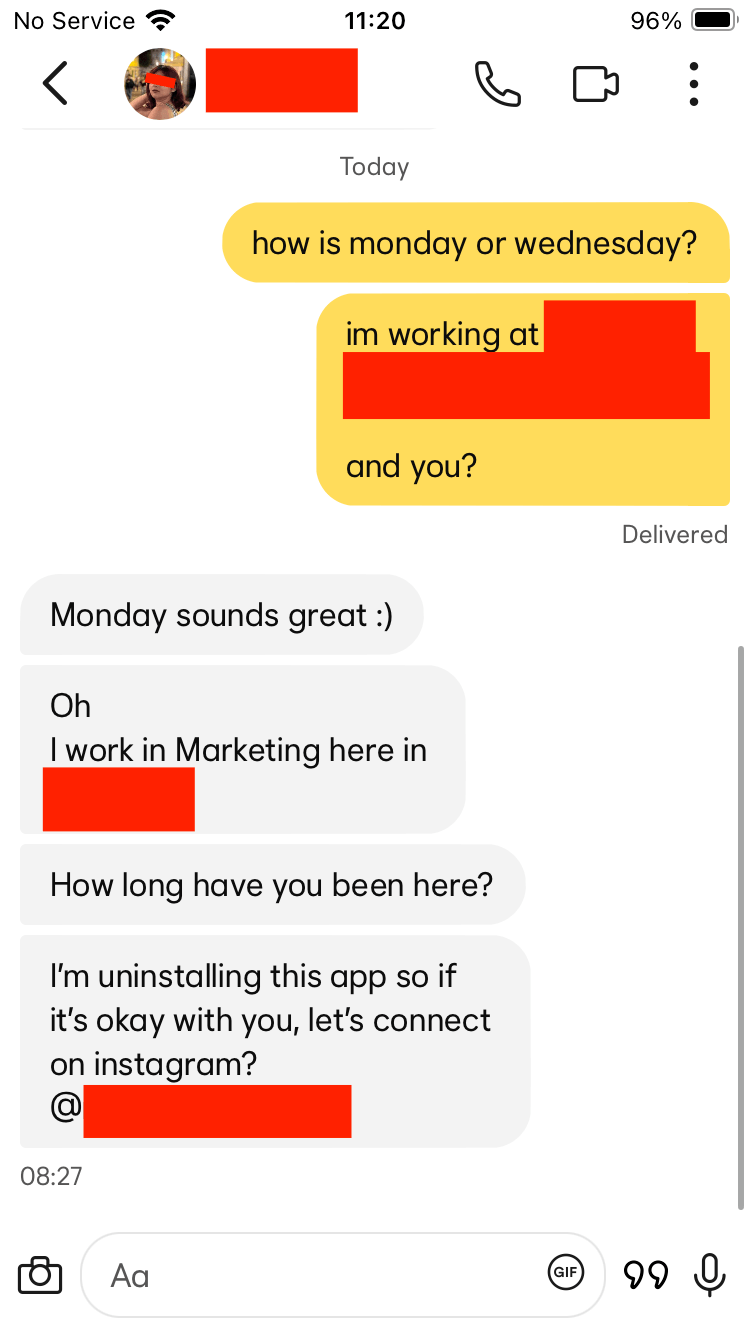 Dating app conversation screenshot