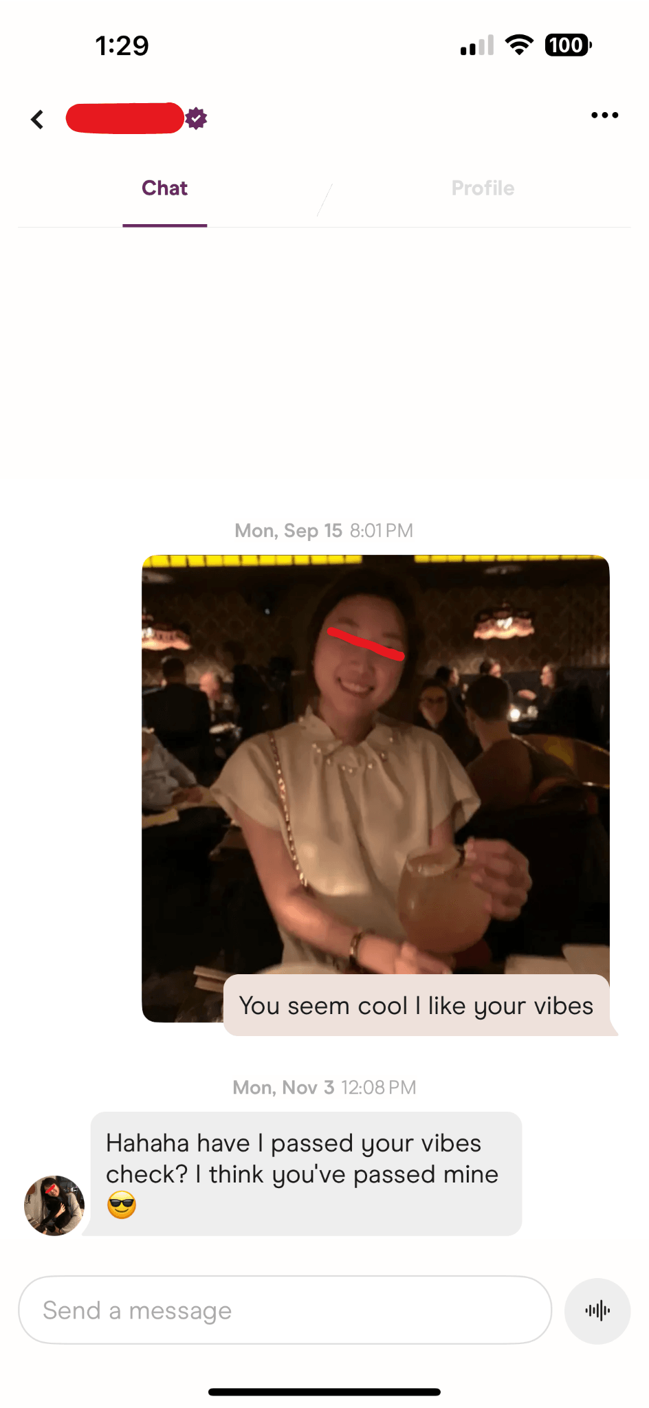 Dating app conversation screenshot