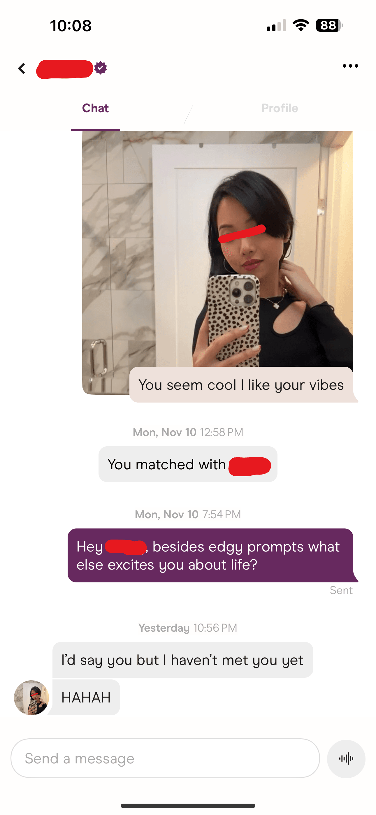 Dating app conversation screenshot