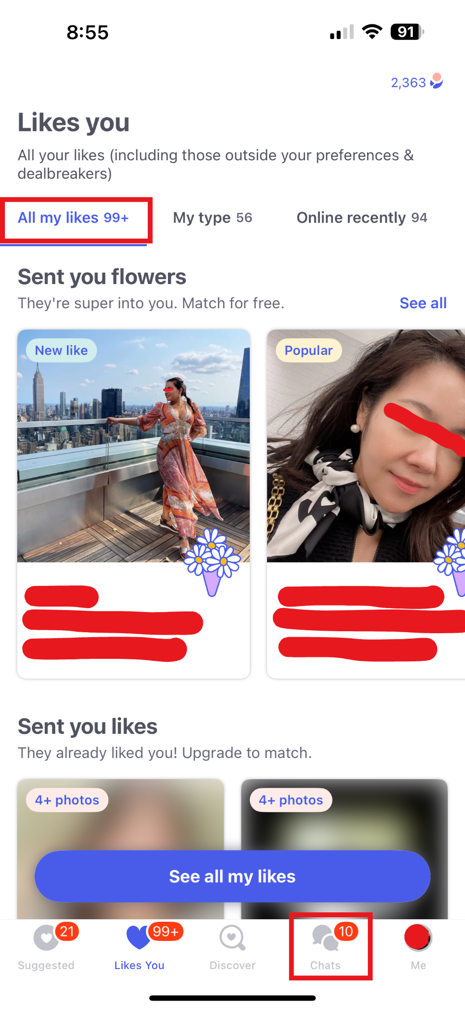 Dating app showing new likes with flowers